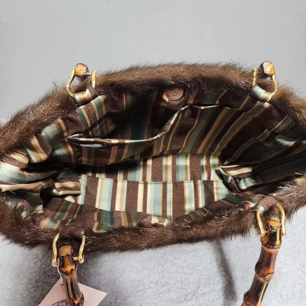 Tapestry Floral Purse Bamboo‎ Handle Brown Faux Fur Louise N.Y. Inc Bag NWT